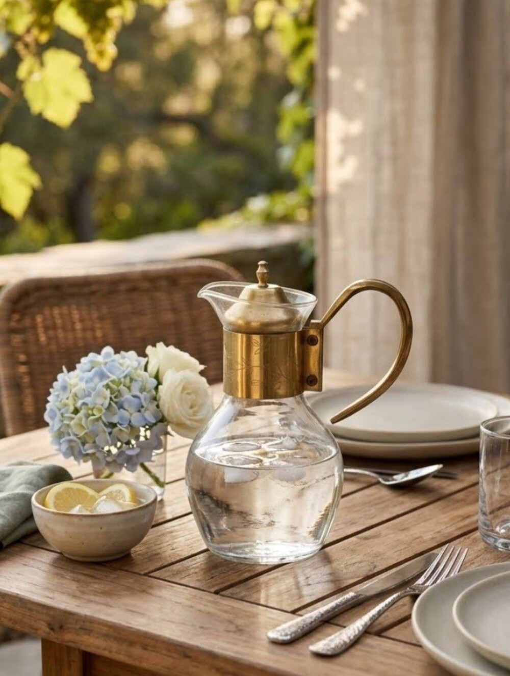 Vintage Glass Decanter Brass Wrap Handle Pitcher Carafe
